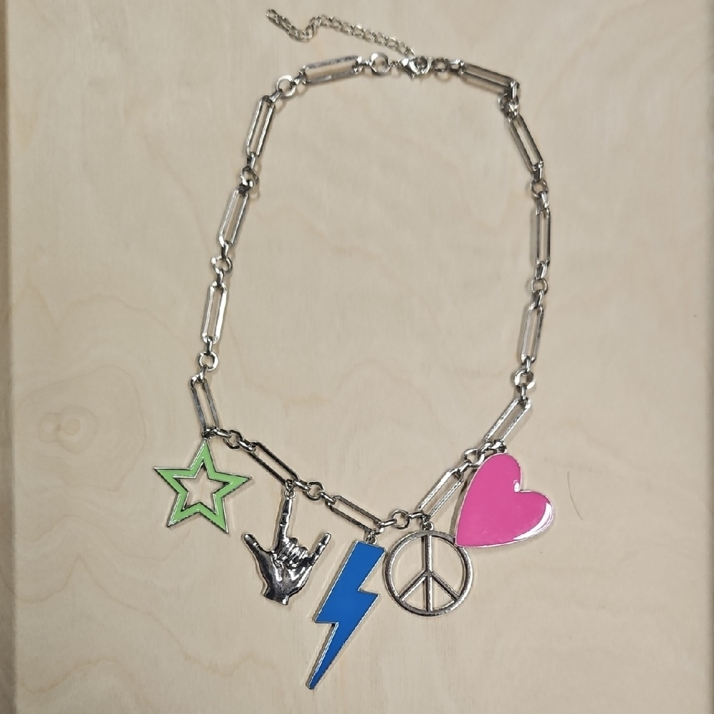 Silver Charm Necklace with Pink Heart and Blue Lightning